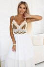  612-1 Long beige and white strapless dress with crochet top - boho 