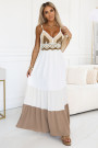  612-1 Long beige and white strapless dress with crochet top - boho 