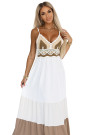  612-1 Long beige and white strapless dress with crochet top - boho 