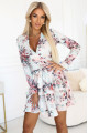  297-3 CAROLINE A flowing floral dress with a wrap neckline and ruffles 