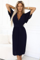  607-3 LYRA pleated midi dress with a wrap neckline and a wide belt - navy blue 