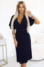  607-3 LYRA pleated midi dress with a wrap neckline and a wide belt - navy blue 