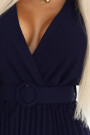  607-3 LYRA pleated midi dress with a wrap neckline and a wide belt - navy blue 