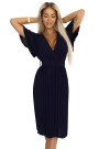  607-3 LYRA pleated midi dress with a wrap neckline and a wide belt - navy blue 