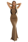  617-1 Long mermaid dress with black lace and mesh - MOCHA MOUSSE 
