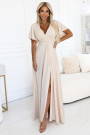  581-6 JENNIFER long dress with a leg slit, sleeves and a neckline - beige 