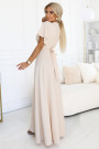  581-6 JENNIFER long dress with a leg slit, sleeves and a neckline - beige 