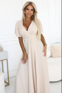  581-6 JENNIFER long dress with a leg slit, sleeves and a neckline - beige 