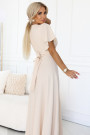 581-6 JENNIFER long dress with a leg slit, sleeves and a neckline - beige 