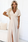  581-6 JENNIFER long dress with a leg slit, sleeves and a neckline - beige 
