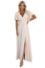  581-6 JENNIFER long dress with a leg slit, sleeves and a neckline - beige 