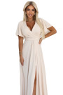  581-6 JENNIFER long dress with a leg slit, sleeves and a neckline - beige 