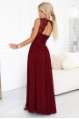  211-8 LEA długa suknia z koronkowym dekoltem i rozcięciem na nogę - bordowa 