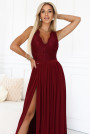  211-8 LEA długa suknia z koronkowym dekoltem i rozcięciem na nogę - bordowa 