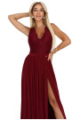 211-8 LEA długa suknia z koronkowym dekoltem i rozcięciem na nogę - bordowa 
