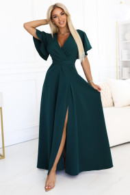  581-8 JENNIFER long dress with a leg slit, sleeves and a neckline - bottle green 