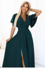  581-8 JENNIFER long dress with a leg slit, sleeves and a neckline - bottle green 