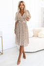  604-3 Sensual dress with white polka dots, a wrap neckline and a decorative belt - beige 