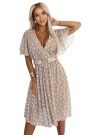 604-3 Sensual dress with white polka dots, a wrap neckline and a decorative belt - beige 