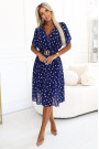  604-4 Sensual dress with white polka dots, a wrap neckline and a decorative belt - navy blue 