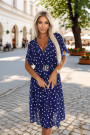  604-4 Sensual dress with white polka dots, a wrap neckline and a decorative belt - navy blue 