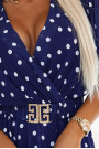 604-4 Sensual dress with white polka dots, a wrap neckline and a decorative belt - navy blue 