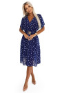  604-4 Sensual dress with white polka dots, a wrap neckline and a decorative belt - navy blue 