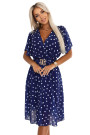  604-4 Sensual dress with white polka dots, a wrap neckline and a decorative belt - navy blue 