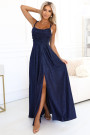  589-2 Long dress with subtle shimmer and corset back tie - navy blue with glitter 