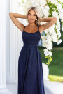  589-2 Long dress with subtle shimmer and corset back tie - navy blue with glitter 