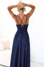  589-2 Long dress with subtle shimmer and corset back tie - navy blue with glitter 