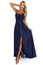  589-2 Long dress with subtle shimmer and corset back tie - navy blue with glitter 