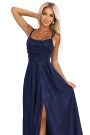  589-2 Long dress with subtle shimmer and corset back tie - navy blue with glitter 