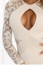  621-1 Pencil dress with lace sleeves and a sensual neckline - beige 