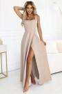  633-1 AURELIA long dress with a slit and a diamond neckline - beige with glitter 