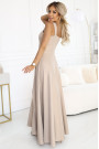  633-1 AURELIA long dress with a slit and a diamond neckline - beige with glitter 