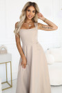  633-1 AURELIA long dress with a slit and a diamond neckline - beige with glitter 
