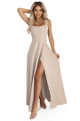  633-1 AURELIA long dress with a slit and a diamond neckline - beige with glitter 