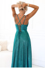  589-3 Long dress with subtle shimmer and corset back tie - green with glitter 