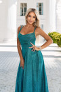  589-3 Long dress with subtle shimmer and corset back tie - green with glitter 