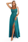  589-3 Long dress with subtle shimmer and corset back tie - green with glitter 