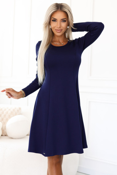  567-2 Comfortable trapeze dress with long sleeves - navy blue 