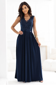  215-6 LEA long elegant maxi dress with lace top and slit on the leg - navy blue 