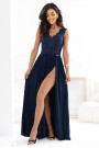  215-6 LEA long elegant maxi dress with lace top and slit on the leg - navy blue 