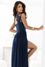  215-6 LEA long elegant maxi dress with lace top and slit on the leg - navy blue 
