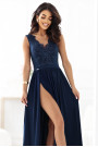  215-6 LEA long elegant maxi dress with lace top and slit on the leg - navy blue 