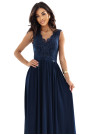  215-6 LEA long elegant maxi dress with lace top and slit on the leg - navy blue 