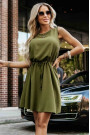  296-14 VICTORIA Sleeveless trapeze dress with a tie waist - khaki 