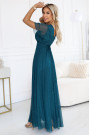  635-1 MELANIA long, shiny dress with a neckline and short sleeves - bottle green 