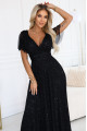  635-2 MELANIA long, shiny dress with a neckline and short sleeves - black 